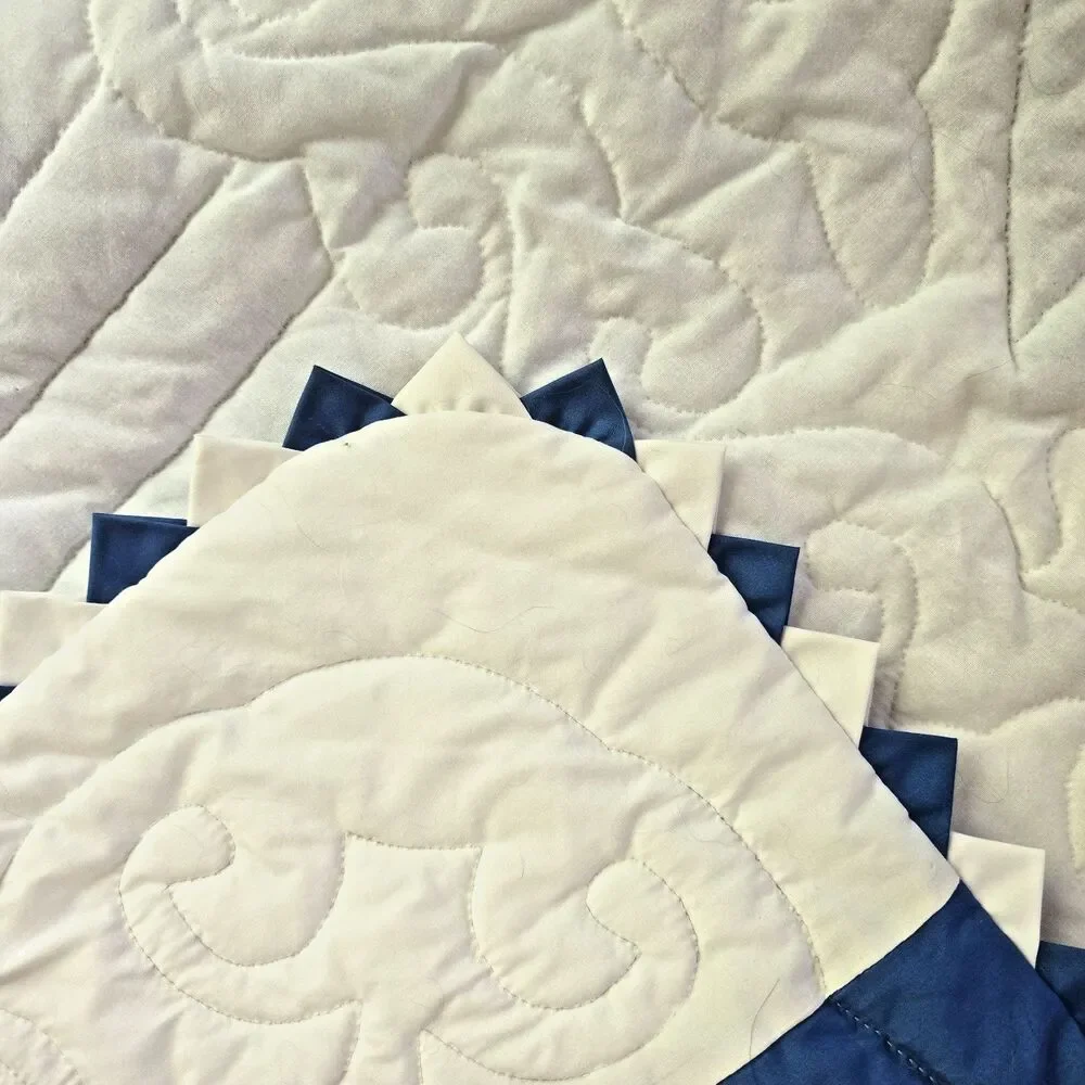 Vintage Handmade Quilt 88x103 Blue & White Cross Stitch Prairie Point Edge Queen